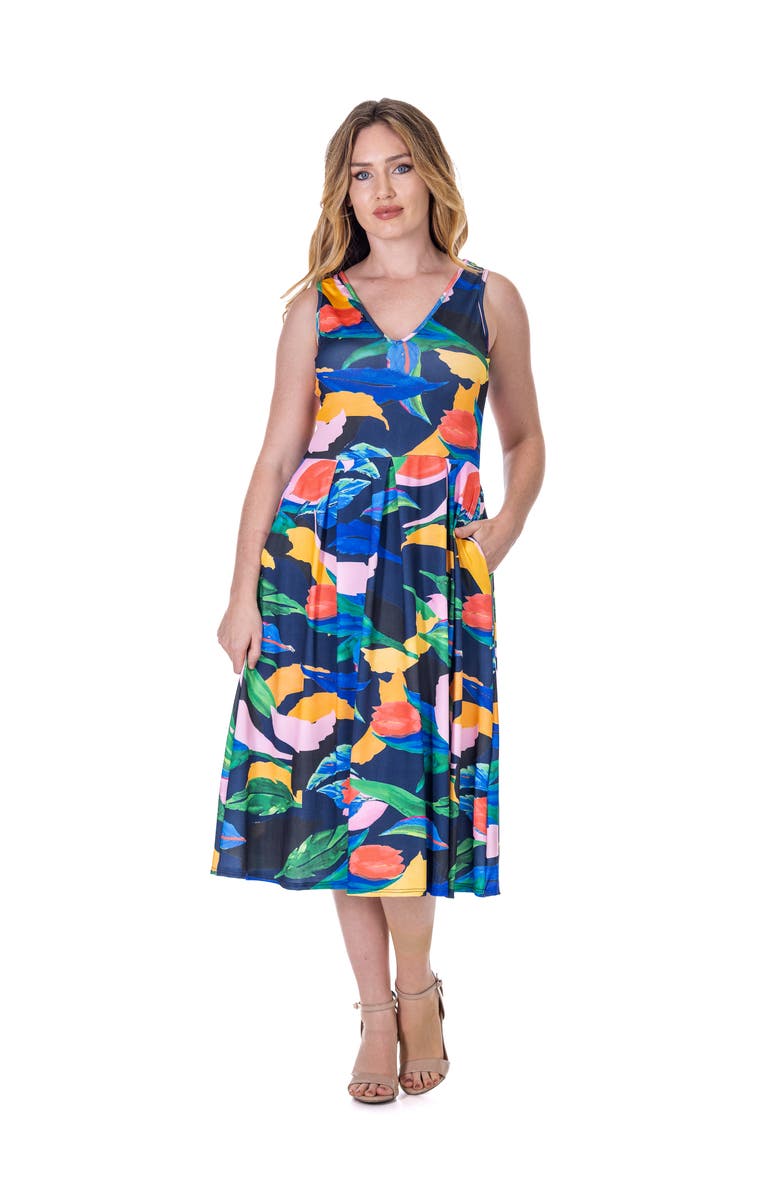 24seven Comfort Apparel Midi Length Multicolor Sleeveless Pleated Pocket Dress, Main, color, Navy Multi