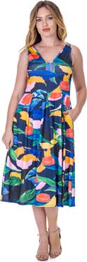 24seven Comfort Apparel Midi Length Multicolor Sleeveless Pleated Pocket Dress