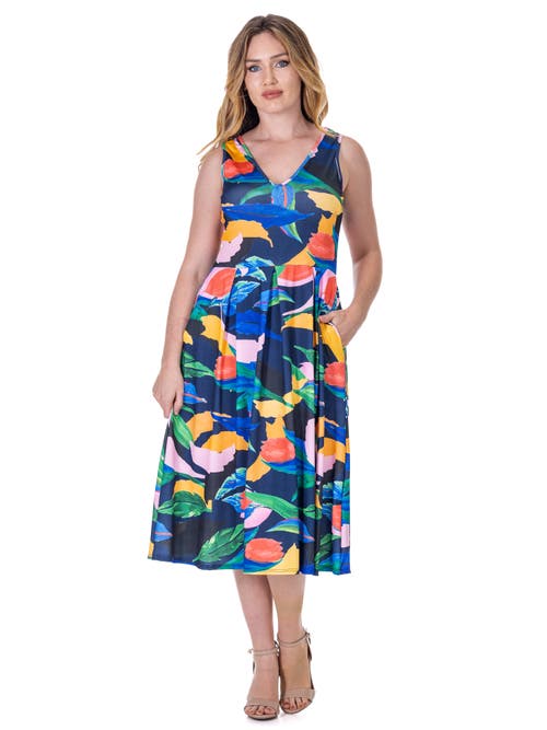 24seven Comfort Apparel Print Sleeveless Pleated Pocket Midi Dress In Multi