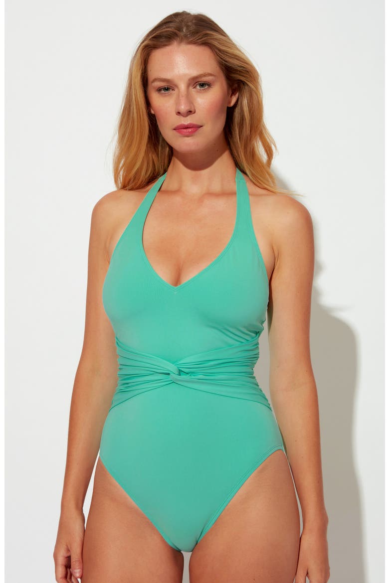 Goddess Plunge Halter One-Piece Swimsuit, Alternate, color, BISCAY GREEN