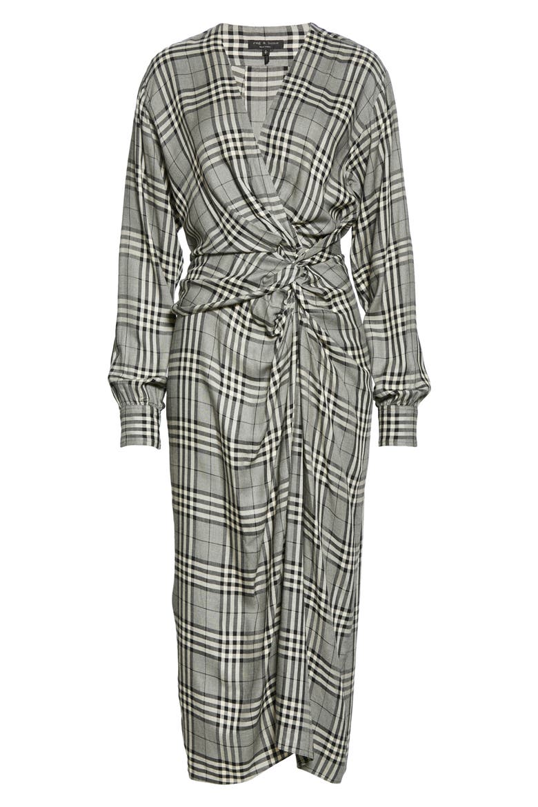 Amber Plaid Front Twist Long Sleeve Midi Dress, Alternate, color, BLACK/ WHITE