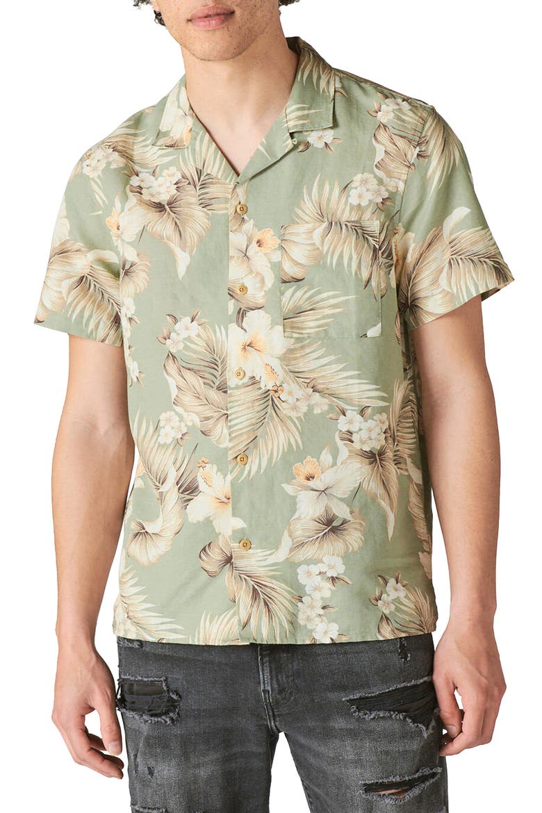 Patterned Linen Blend Short Sleeve Shirt, Main, color, OLIVE PRINT