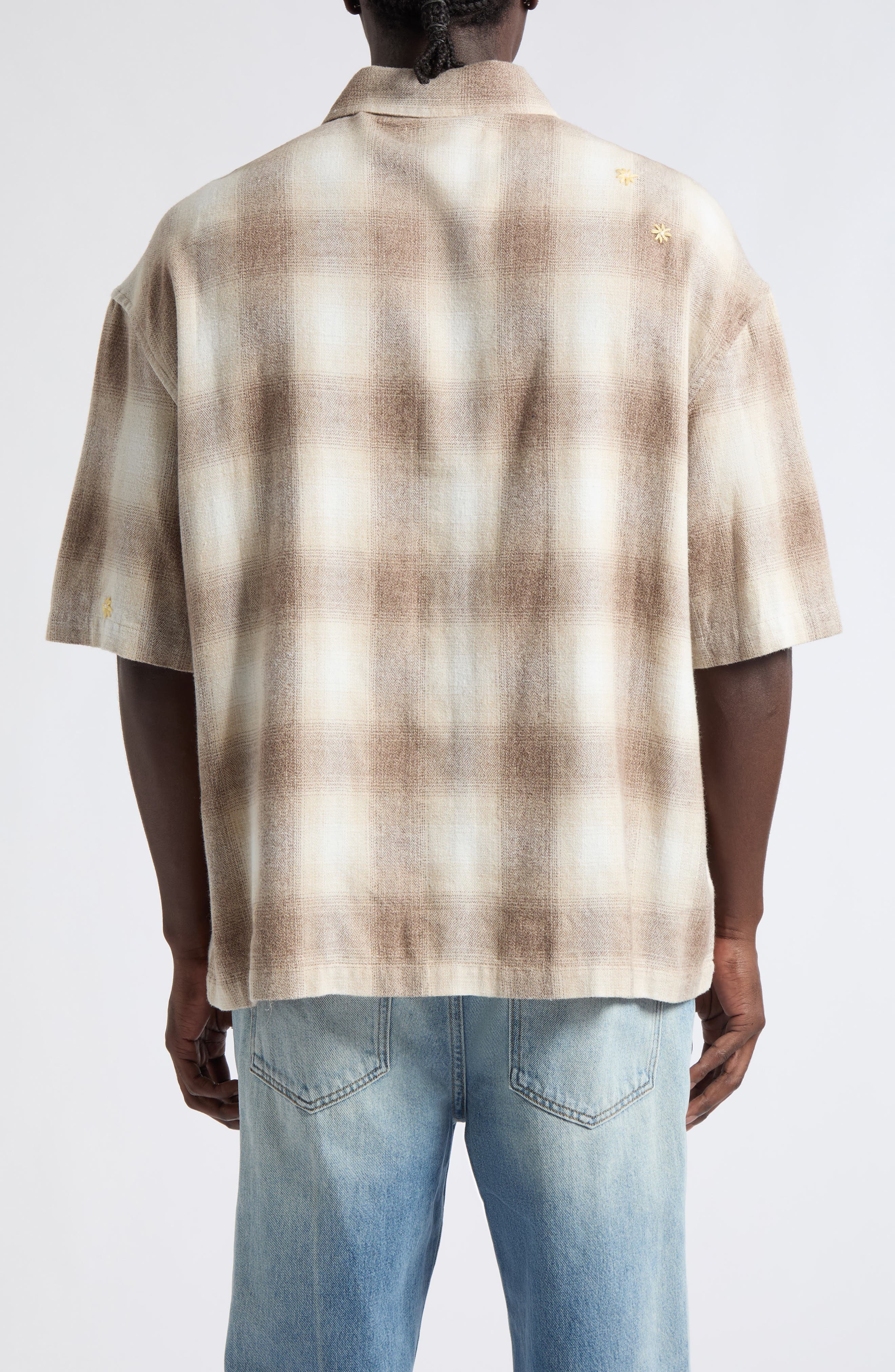 NAHMIAS Oversize Floral Embroidered Plaid Short Sleeve Cotton Flannel ...