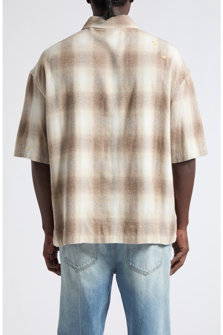 Oversize Floral Embroidered Plaid Short Sleeve Cotton Flannel Button-Up Shirt, Alternate, color, SAND