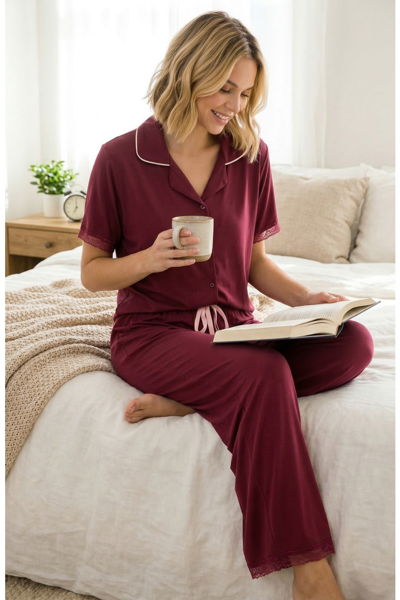 Yummy Jersey Notched Collar & Wide Leg Pants Set, Alternate, color, Ruby