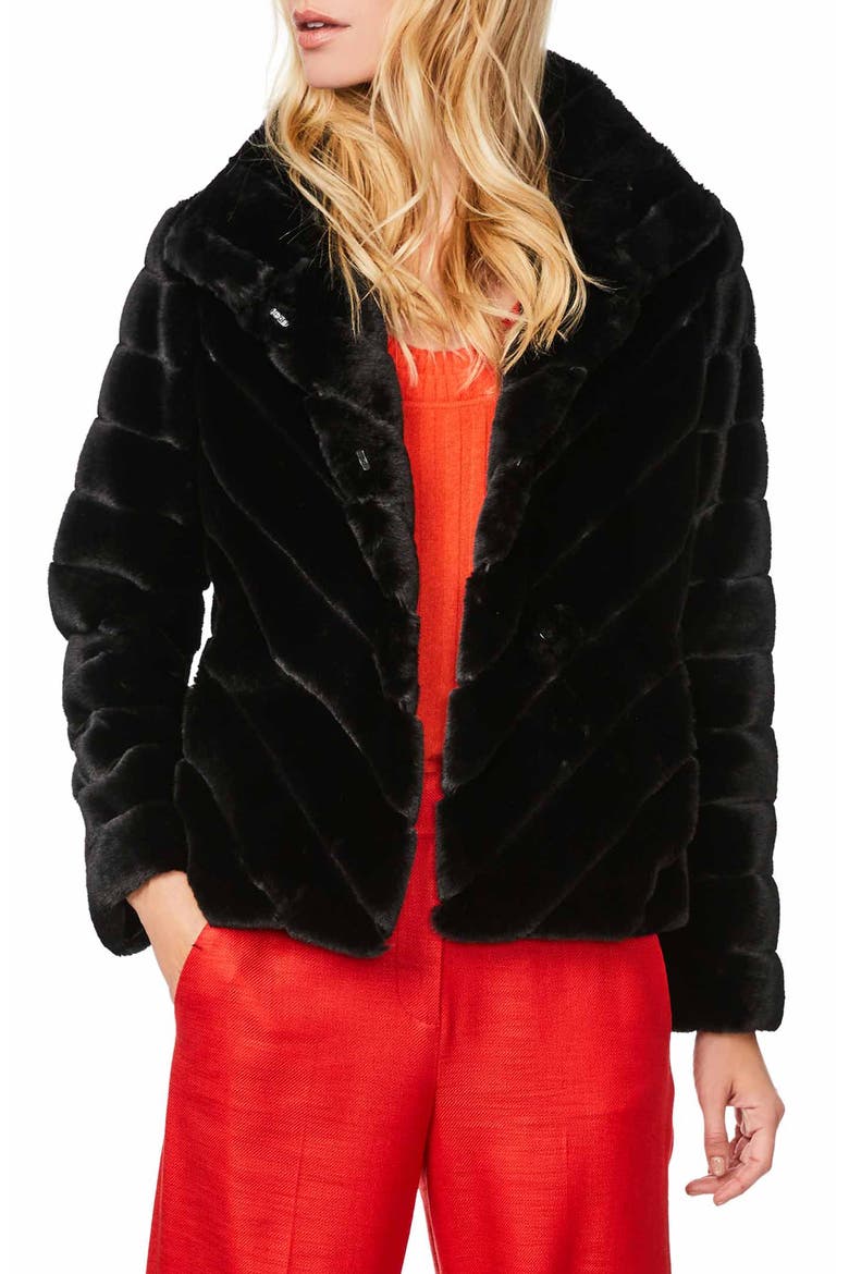 Chevron Faux Fur Jacket, Main, color, BLACK