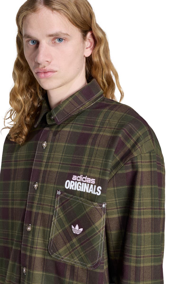 adidas Duck Graphic Distressed Plaid Cotton Flannel Button-Up Shirt, Alternate, color, 