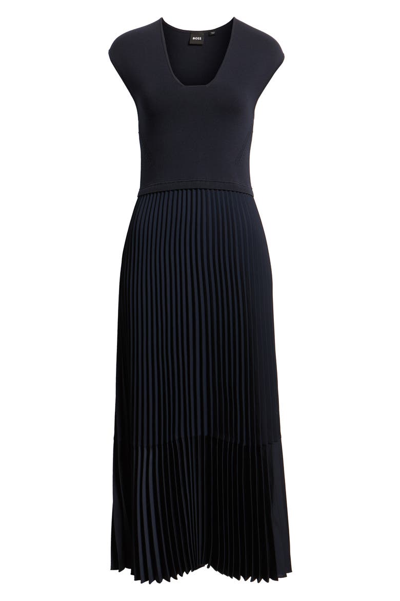 Flissani Pleated Mixed Media A-Line Dress, Alternate, color, DK BU