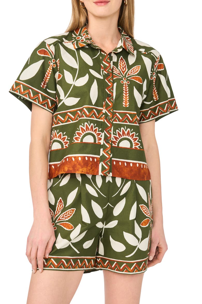 Floral Print Short Sleeve Cotton Button-Up Shirt, Main, color, CHIVE