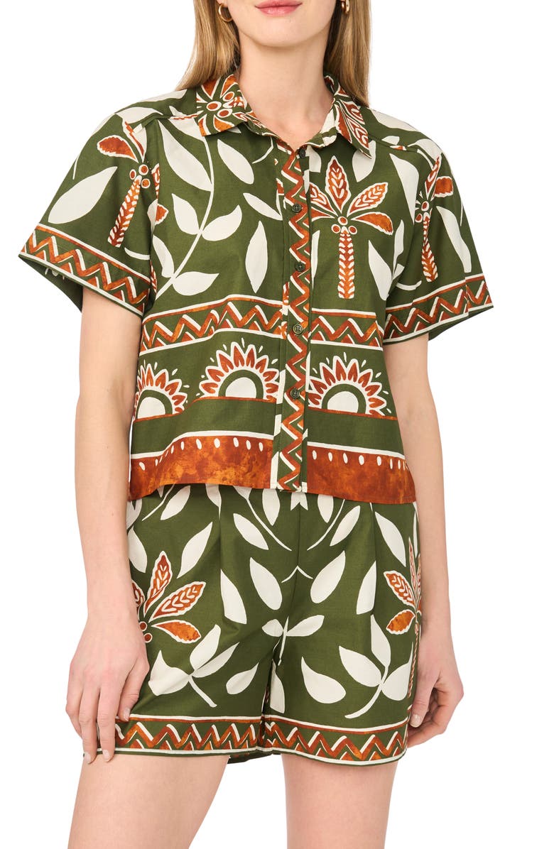 Halogen<sup>®</sup> Floral Print Short Sleeve Cotton Button-Up Shirt, Main, color, Chive