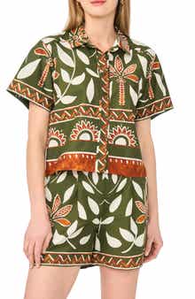 Halogen® Floral Print Short Sleeve Cotton Button-Up Shirt