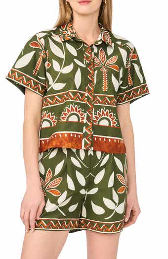 Halogen® Floral Print Short Sleeve Cotton Button-Up Shirt