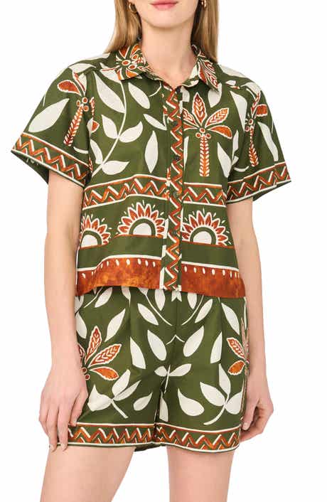 Halogen® Floral Print Short Sleeve Cotton Button-Up Shirt