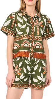 Halogen® Floral Print Short Sleeve Cotton Button-Up Shirt