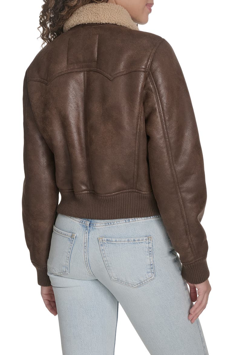 Faux Shearling Trim Faux Leather Western Bomber Jacket, Alternate, color, COFFEE