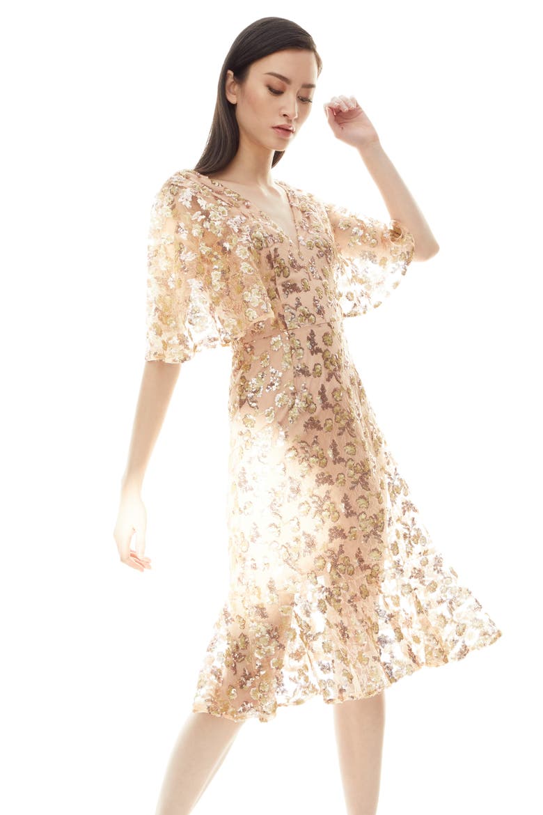 Roseanna Lace Sequin Fit & Flare Dress, Alternate, color, GOLD-NUDE