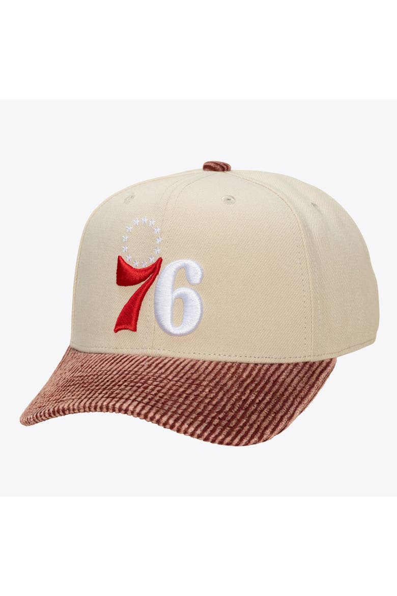 Men's Mitchell & Ness Cream/Red Philadelphia 76ers Washed Corduroy Pro Crown Snapback Hat, Main, color, Cream