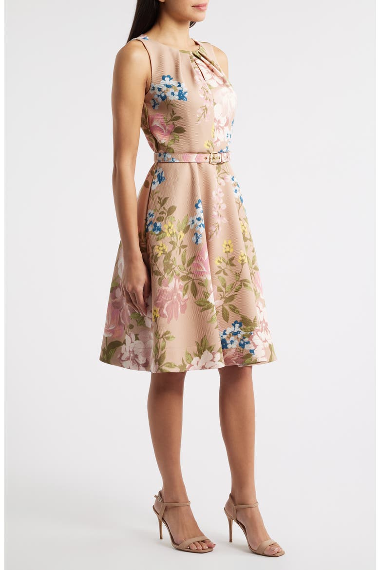 Floral Pleat Neck Sleeveless Fit & Flare Dress, Alternate, color, BLUSH TOAST