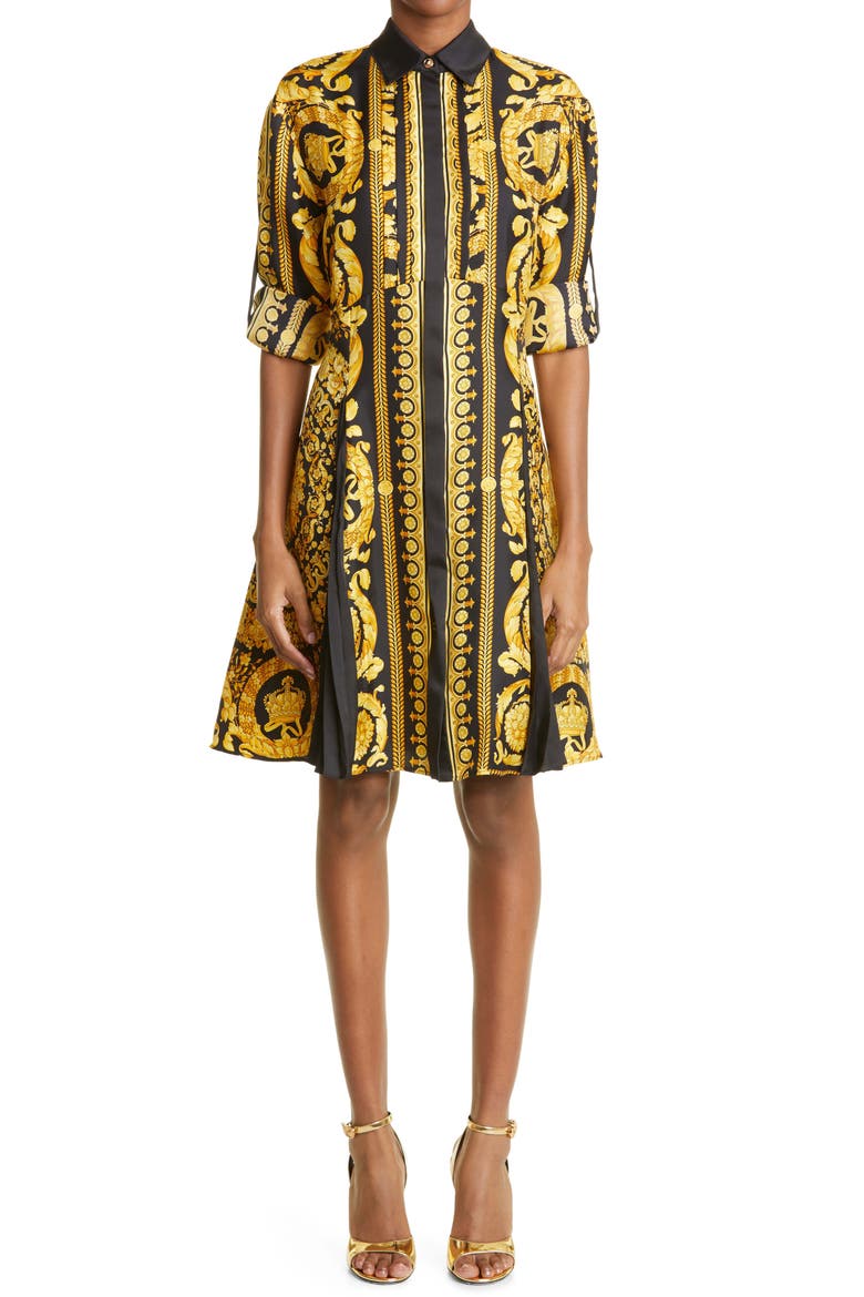 Barocco Print Silk Shirtdress, Main, color, BLACK GOLD