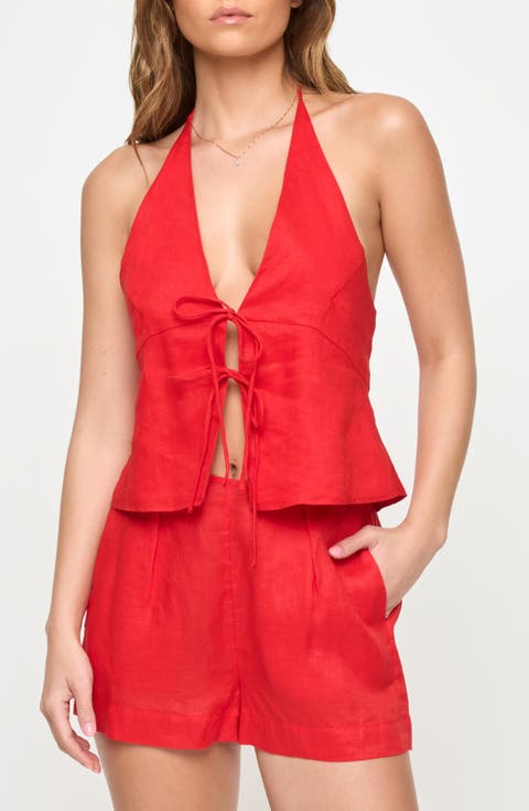 April Tie Front Halter Linen Cover-Up Top