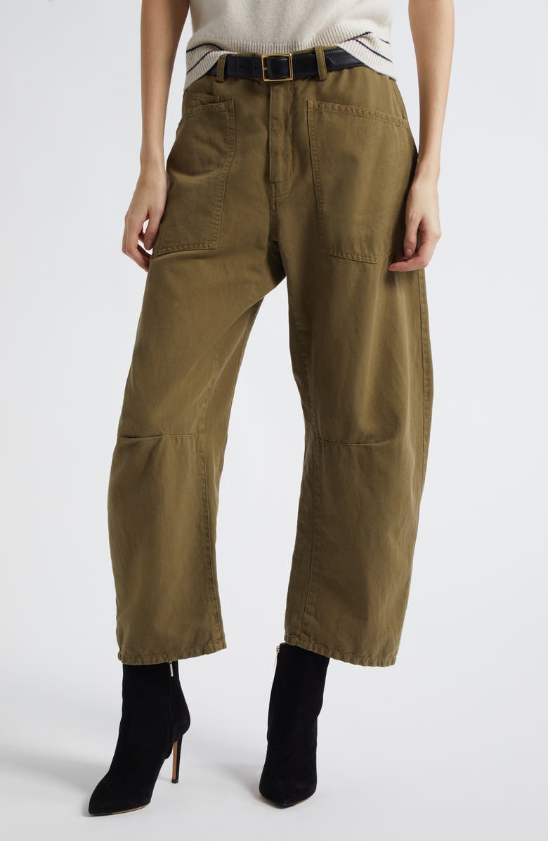 Nili Lotan Shon Barrel Leg Cotton & Linen Twill Pants, Main, color, Olive Green