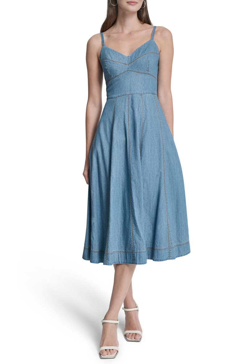 Cotton Blend Denim Fit & Flare Midi Dress, Main, color, DOWNTOWN W