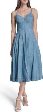 DKNY Cotton Blend Denim Fit & Flare Midi Dress