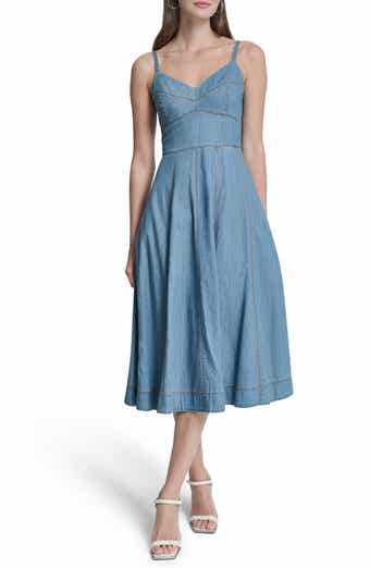 DKNY Cotton Blend Denim Fit & Flare Midi Dress