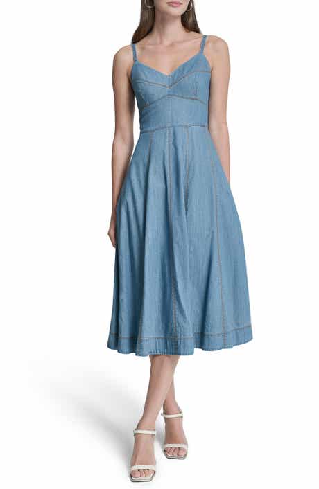 DKNY Cotton Blend Denim Fit & Flare Midi Dress