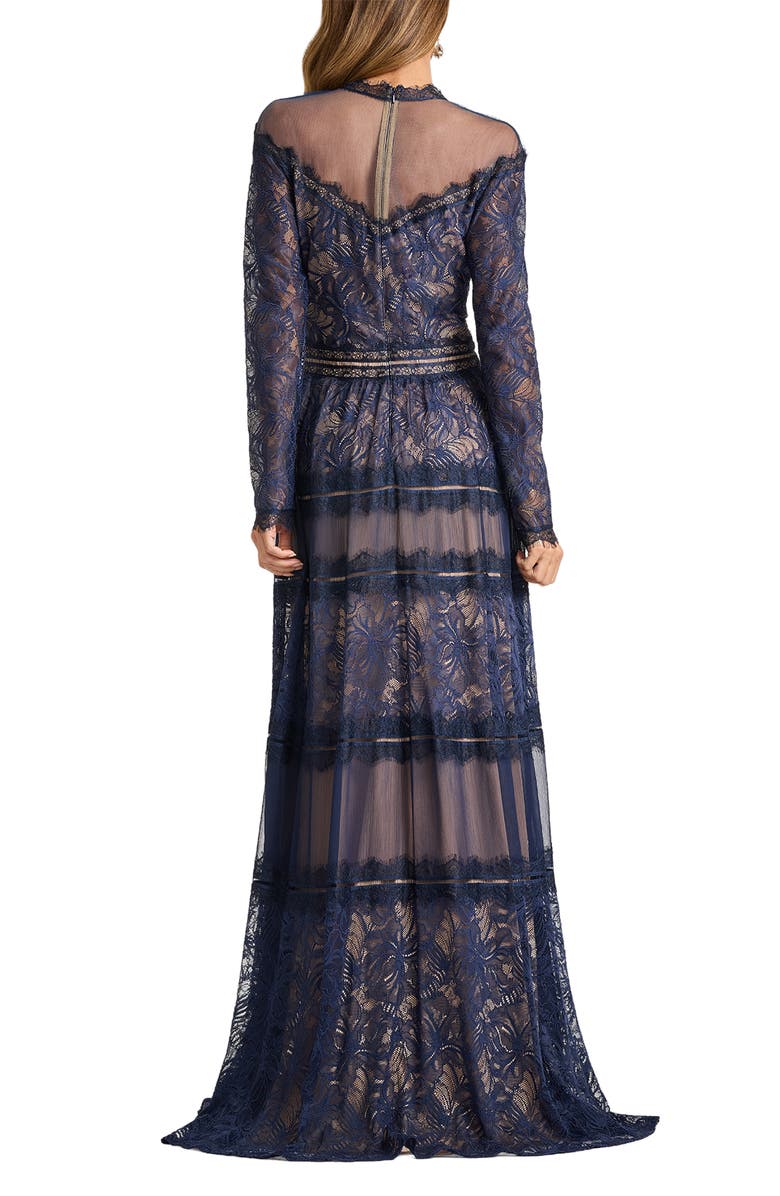 Tadashi Shoji Lace Illusion Neck Long Sleeve Gown, Alternate, color, Royal Navy/ Nude