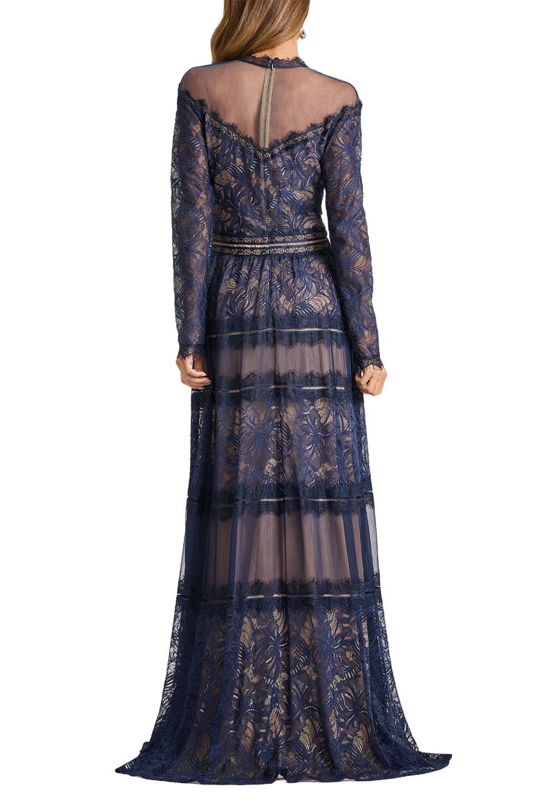 navy long sleeve dress lace Navy Blue Long Formal Evening Dress With 3/4 Lace Beaded Sleeves