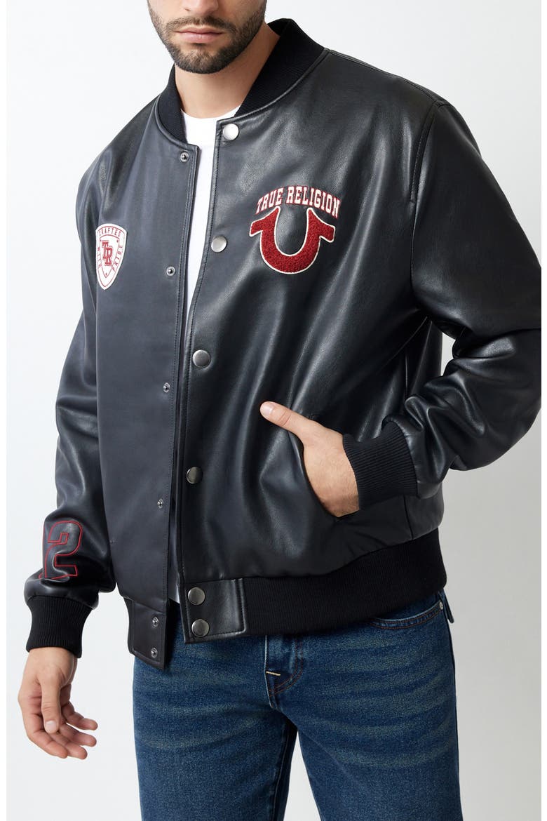 Faux Leather Varsity Jacket, Main, color, JET BLACK