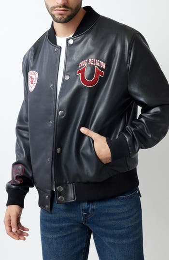 TRUE RELIGION TRUE RELIGION FAUX LEATHER VARSITY JACKET