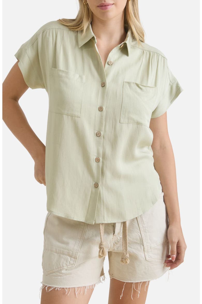 Solid Short Sleeve Button-Up Shirt, Main, color, LIGHT OLIVE