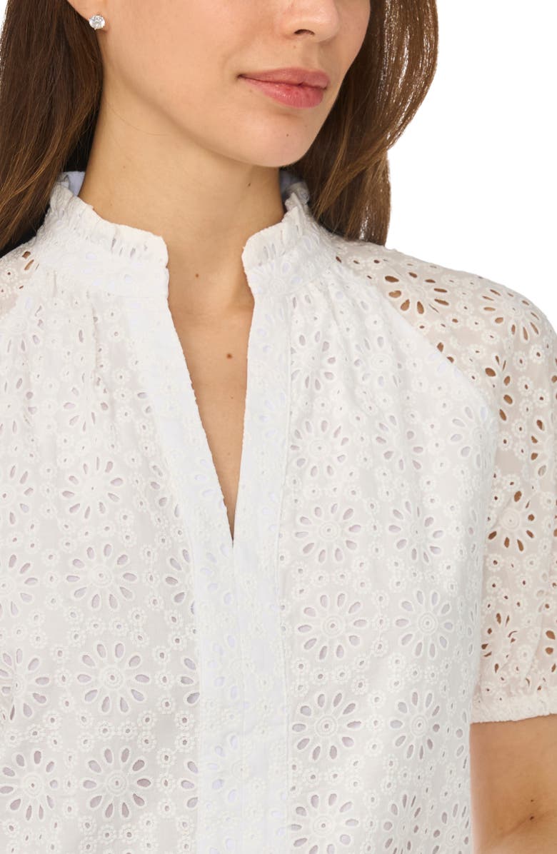 CeCe Broderie Anglaise Ruffle Spilt Neck Top, Alternate, color, Ultra White