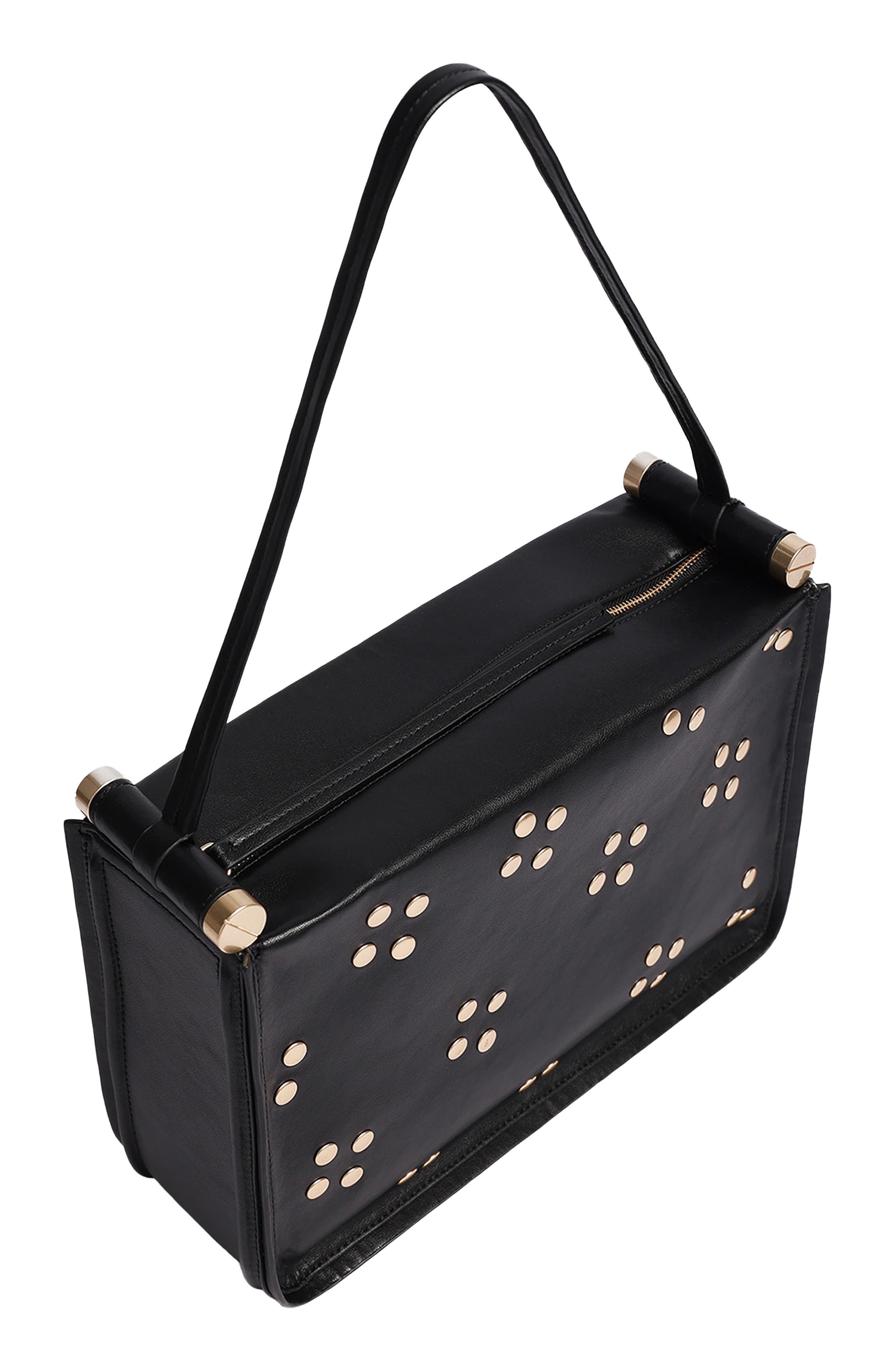 Floral Stud Large Top Handle Leather Bag, Alternate, color, BLACK