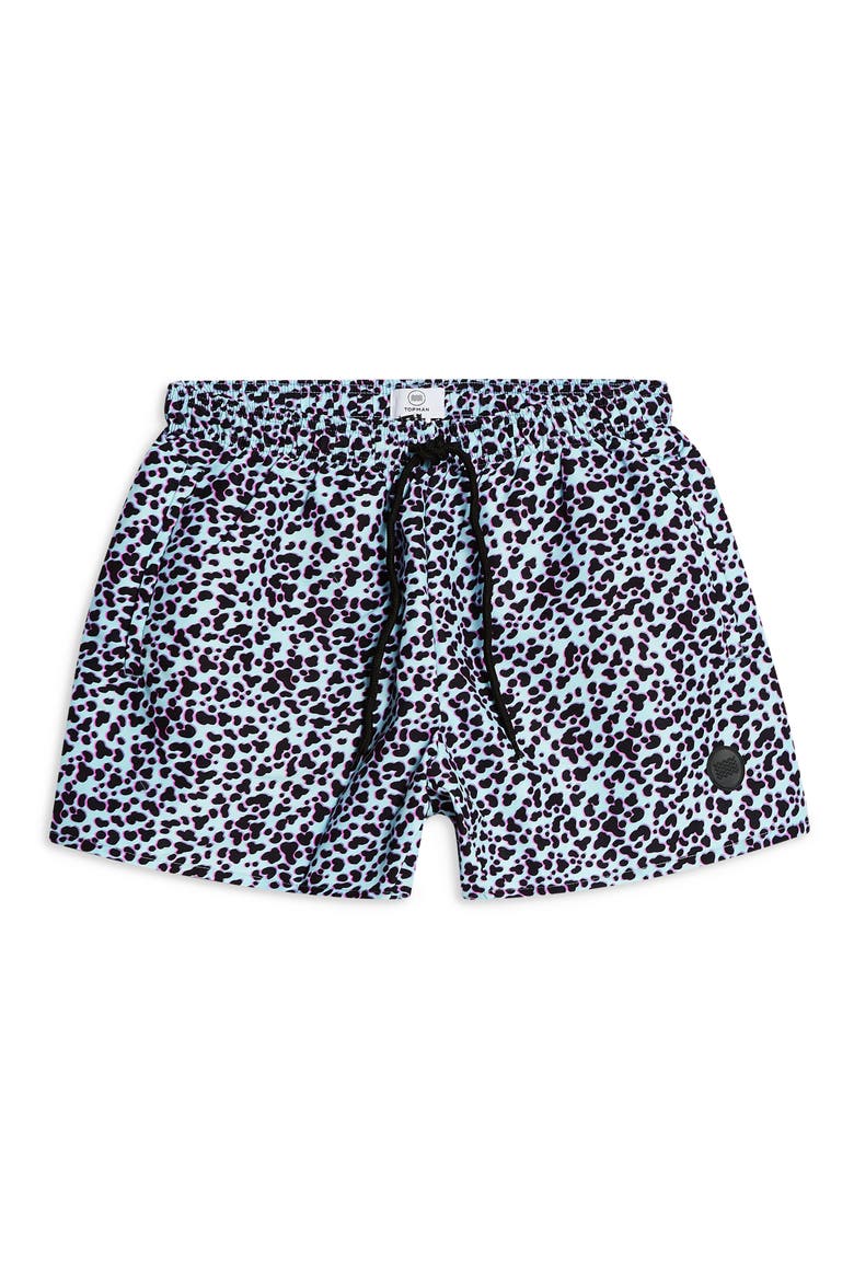 Topshop Leopard Print Swim Shorts, Main, color, BLUE MULTI