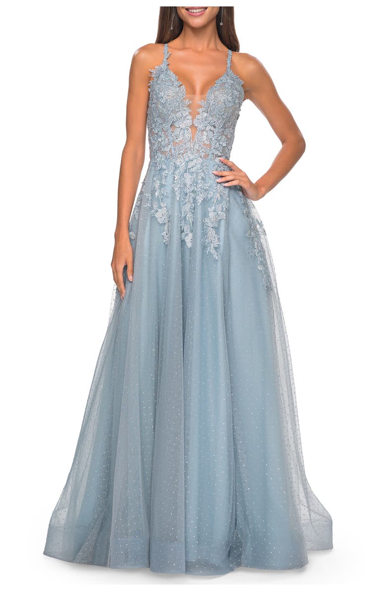 La Femme Lace Embellished A-line Dress with Lace Up Back, Main, color, Light Blue