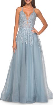 La Femme Lace Embellished A-line Dress with Lace Up Back