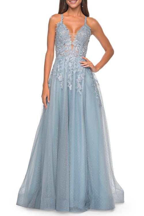 La Femme Lace Embellished A-line Dress with Lace Up Back in Light Blue at Nordstrom, Size 12