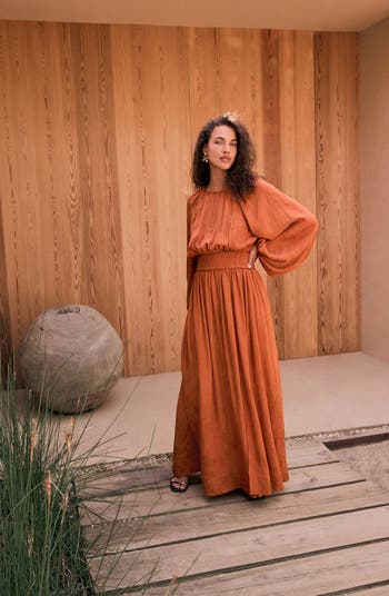 Tonal Jacquard Long Sleeve Maxi Dress
