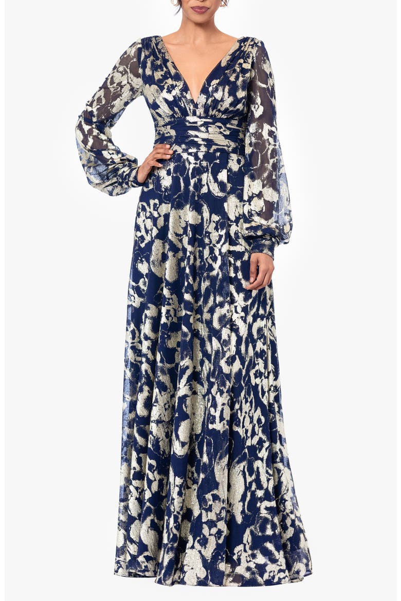 Floral Metallic Long Sleeve A-Line Gown, Main, color, NAVY/ GOLD