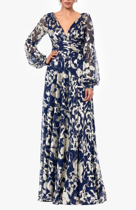 Floral Metallic Long Sleeve A-Line Gown