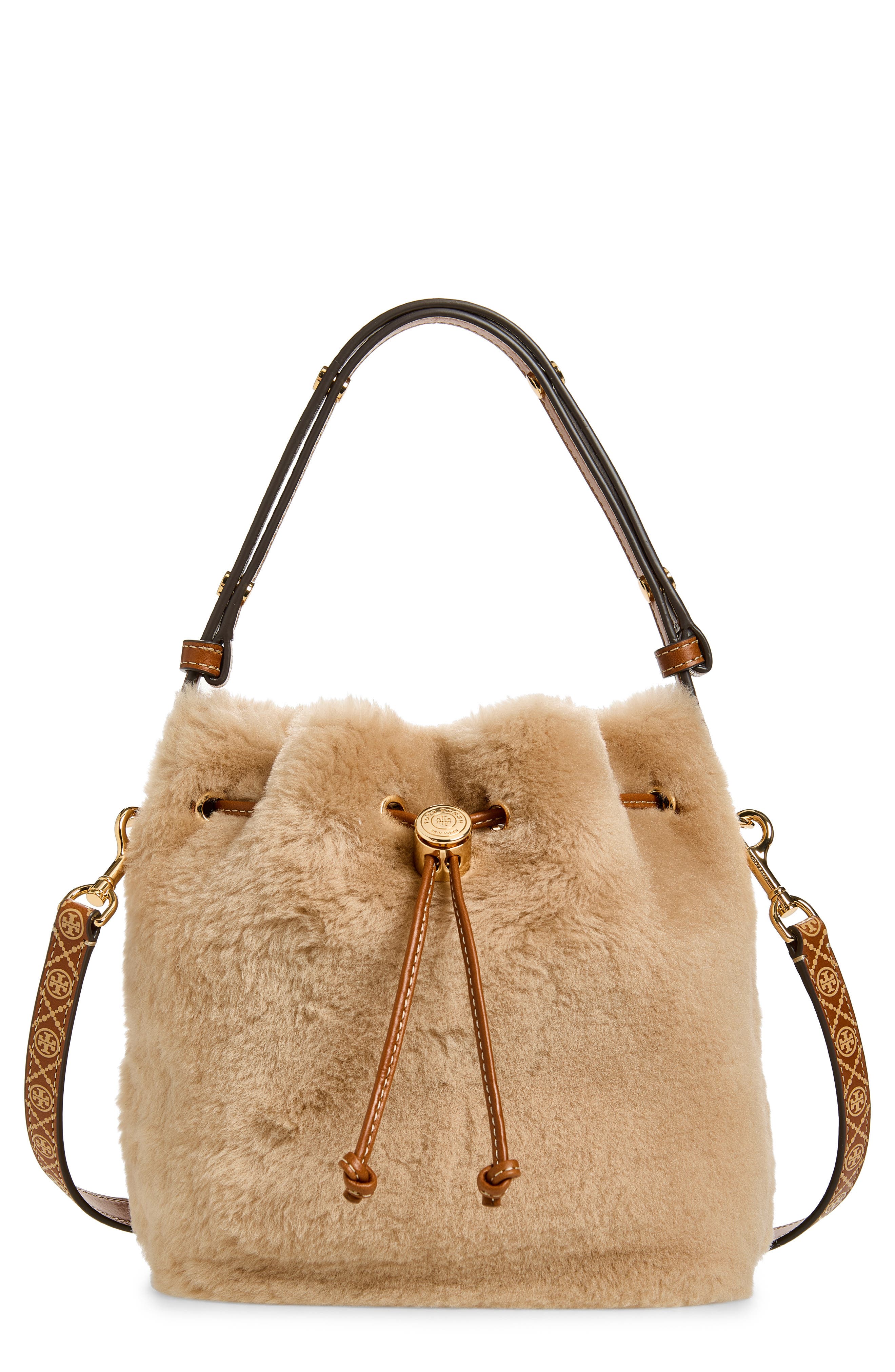 T Monogram Genuine Shearling Bucket Bag, Main, color, TEDDY