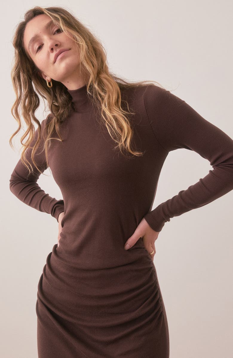 Marine Layer Lexi Ruched Turtleneck Long Sleeve Rib Midi Dress, Alternate, color, Cocoa