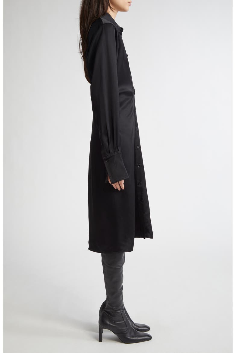 Slouch Long Sleeve Crepe Satin Midi Shirtdress, Alternate, color, BLACK