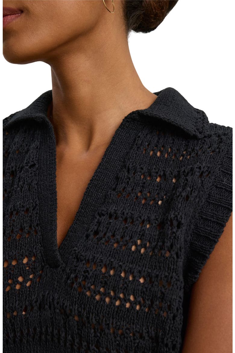 Renee Crochet Cotton Sweater Polo, Alternate, color, BLACK