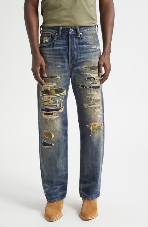 Relaxed Fit Ripped & Repaired Straight Leg Jeans (Averie Wash)