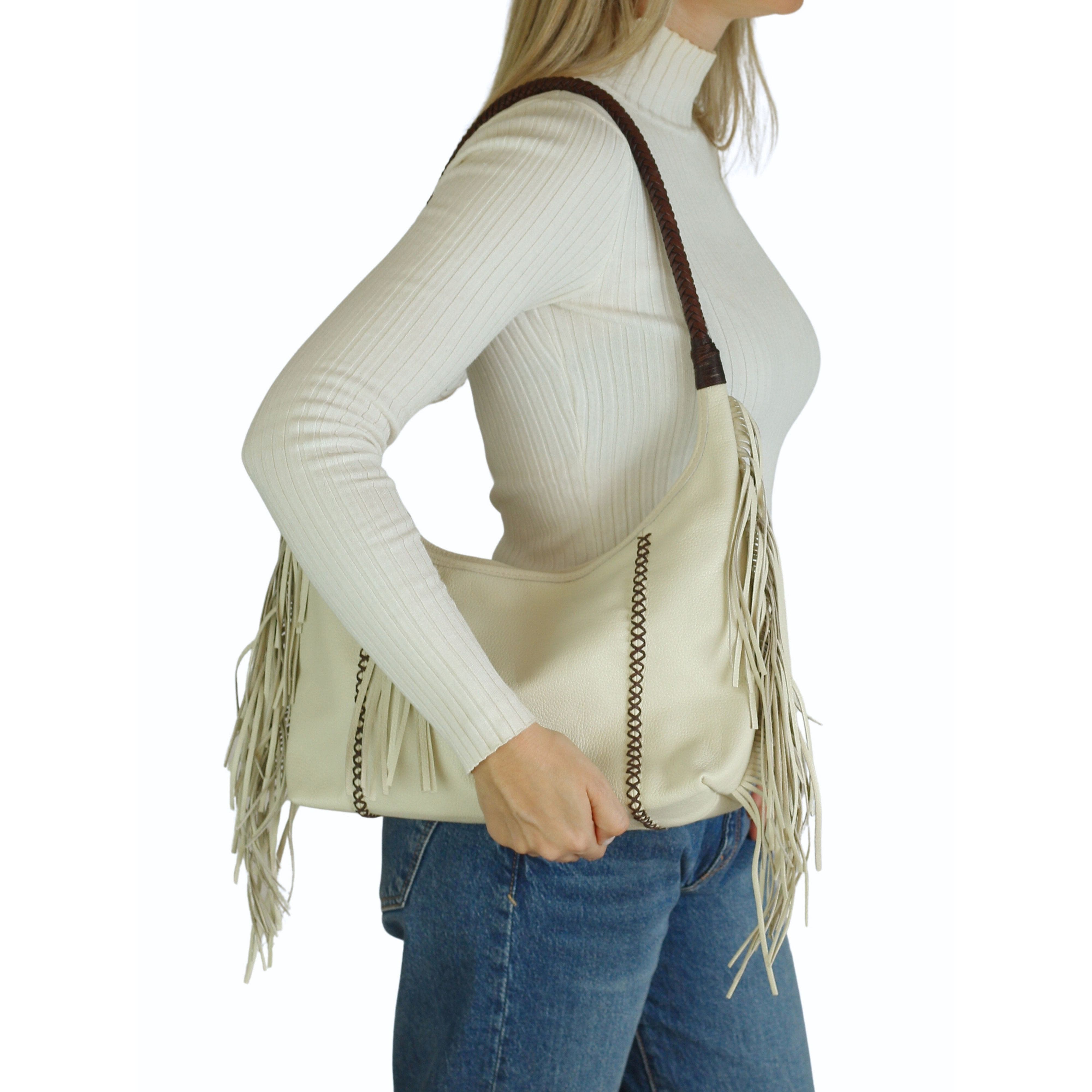 Fringe Leather Hobo Bag, Alternate, color, Winter White