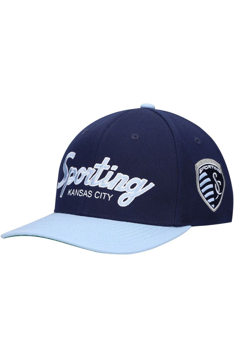 Mitchell & Ness Men's Mitchell & Ness Navy Sporting Kansas City Team Script 2.0 Stretch Snapback Hat, Main, color, Navy